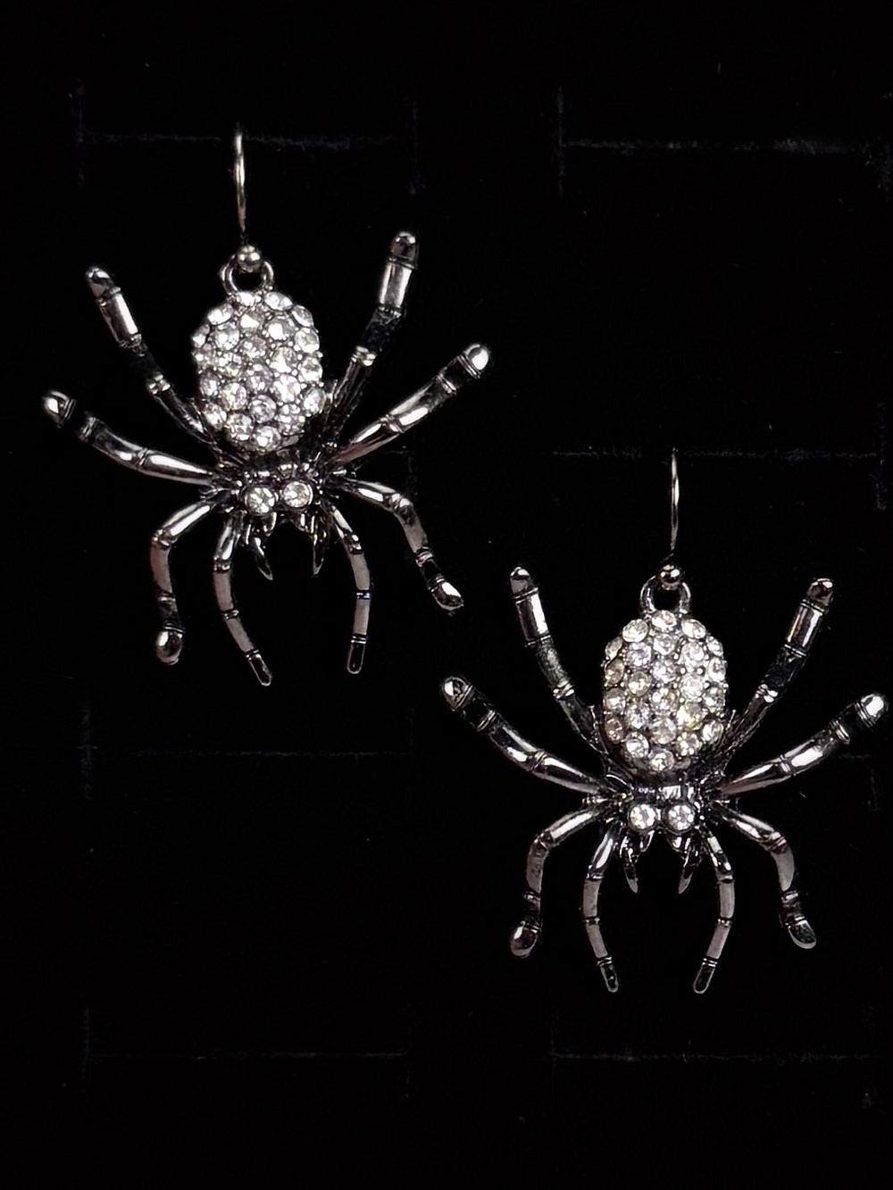 Gunmetal Rhinestone Spider Halloween Pierced Dangle Earrings